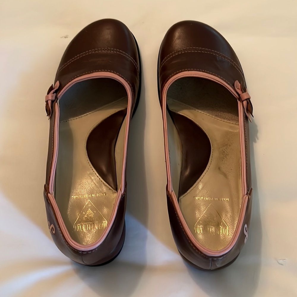 John Fluevog Brown Leather Flats with Pink Trim
